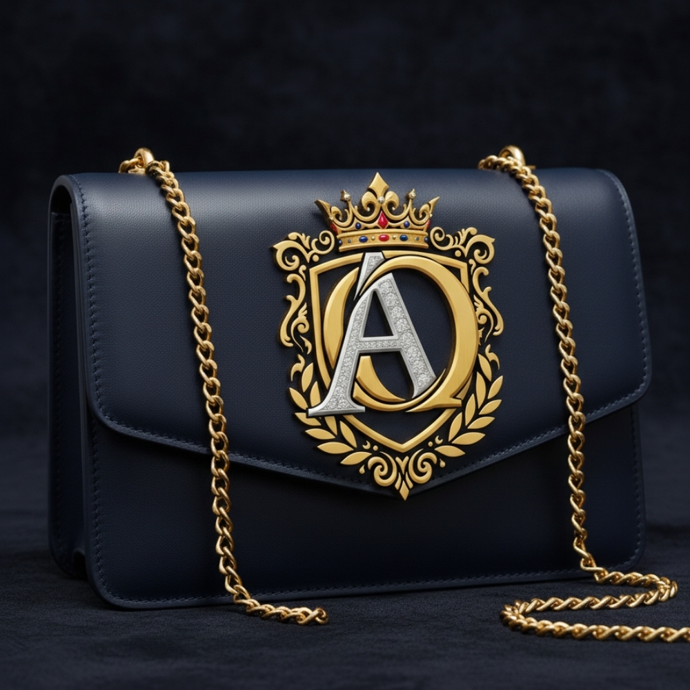 Elegant Navy Blue Designer Bag with Gold Accents